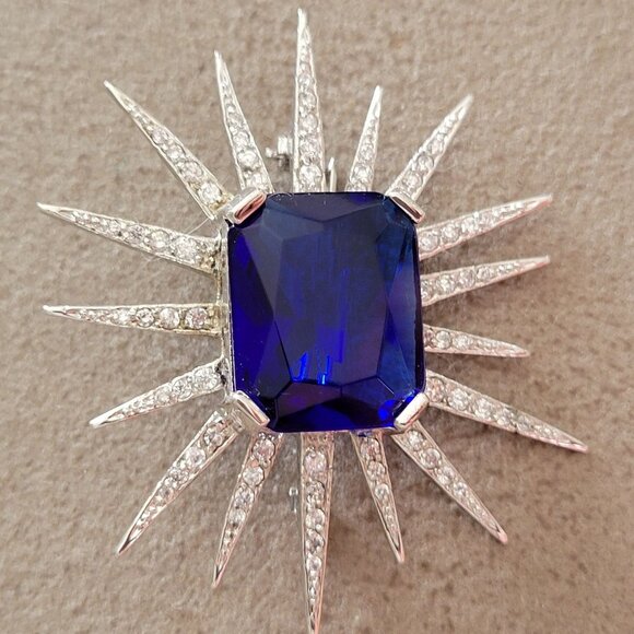 Vintage Silver Starburst Brooch Pin With Deep Blue Glass Gem & Clear Rhinestones - Picture 5 of 10